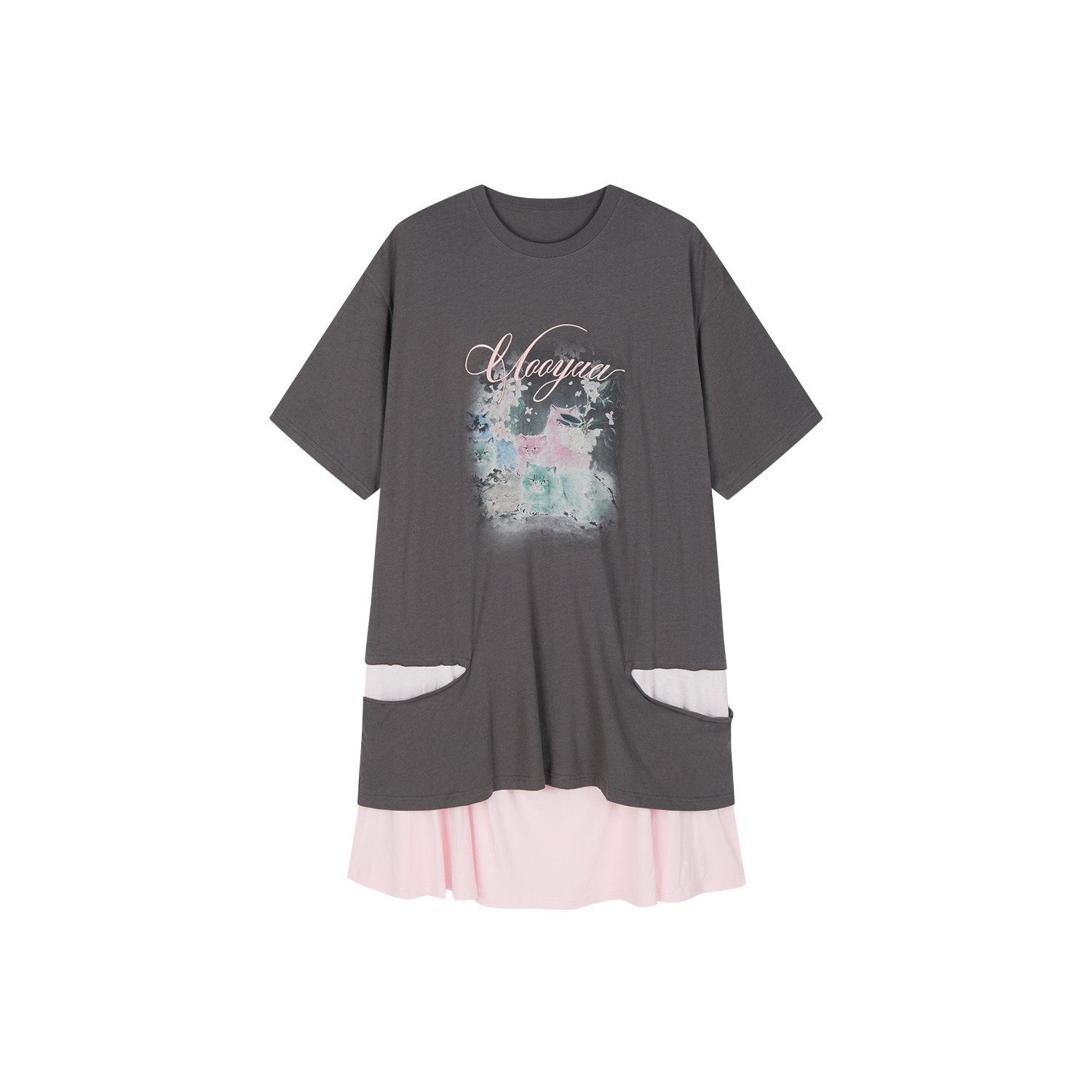 Fantasy cat print faux two-piece T-shirt dress