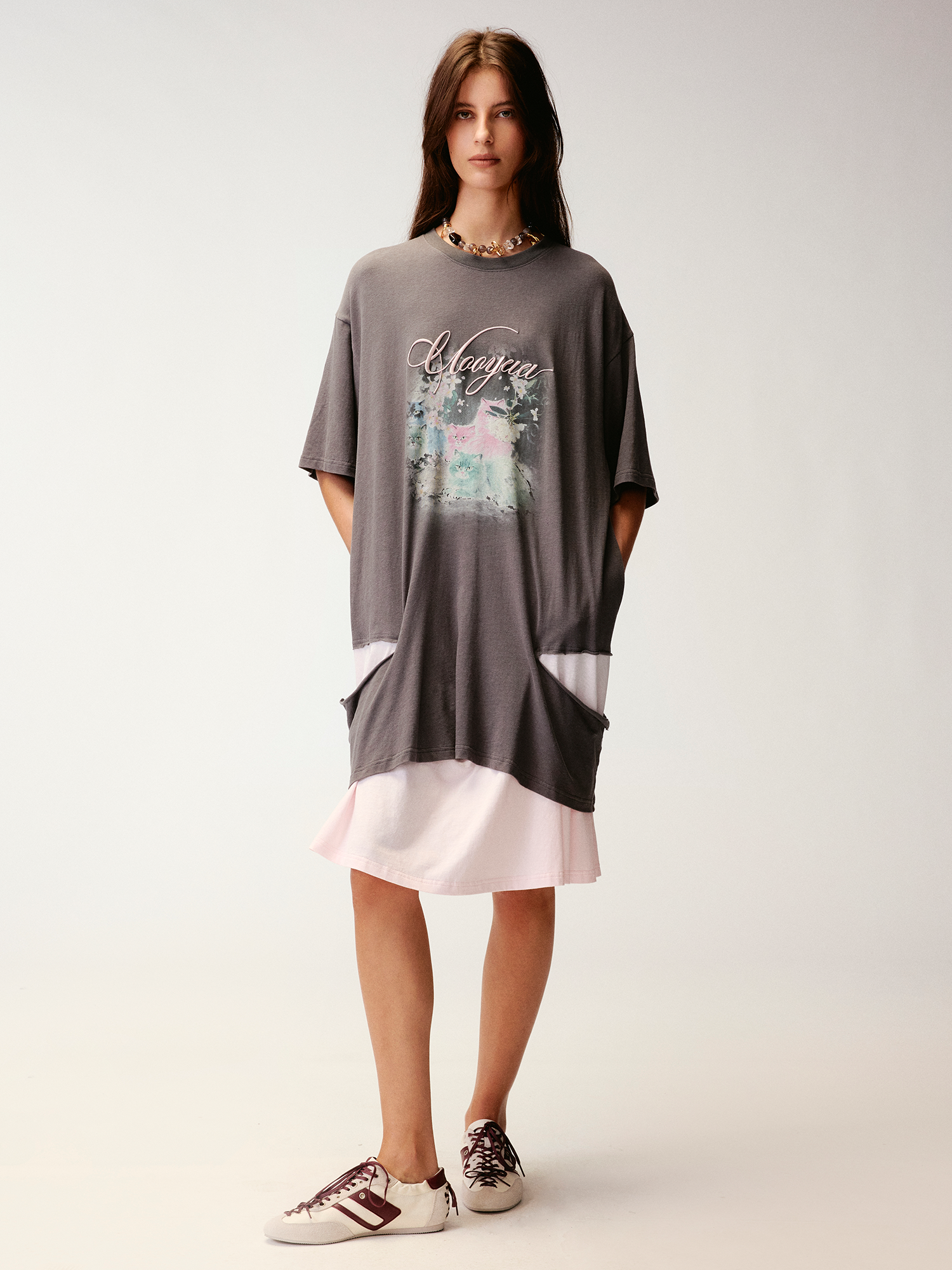 Fantasy cat print faux two-piece T-shirt dress