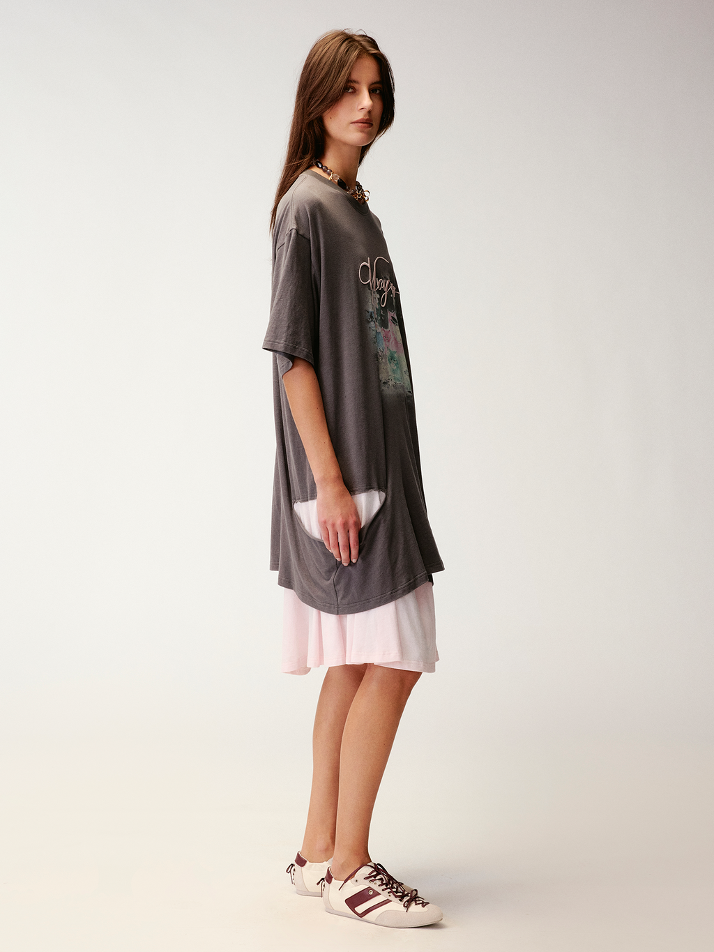 Fantasy cat print faux two-piece T-shirt dress