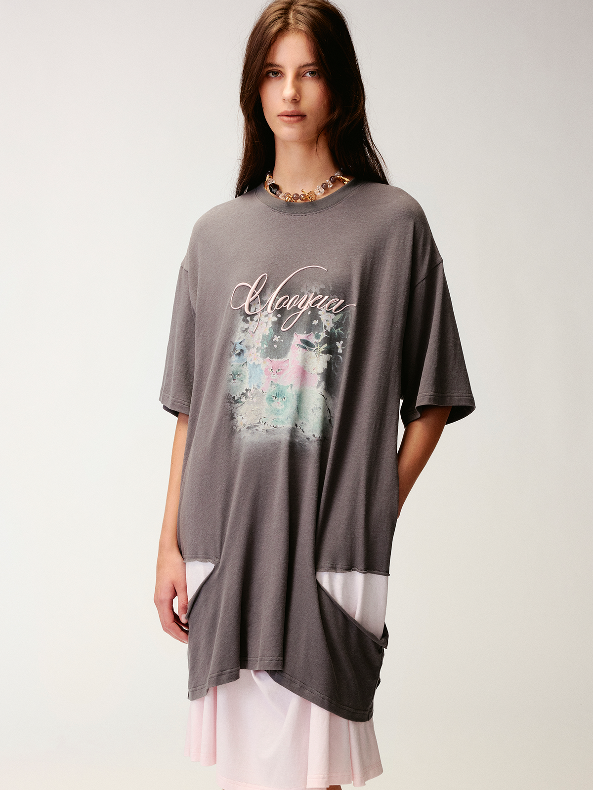 Fantasy cat print faux two-piece T-shirt dress