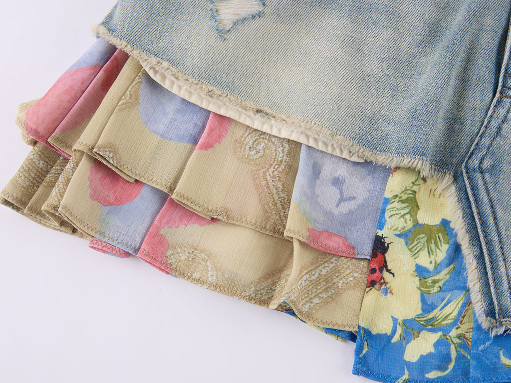 Irregular floral patchwork denim skirt