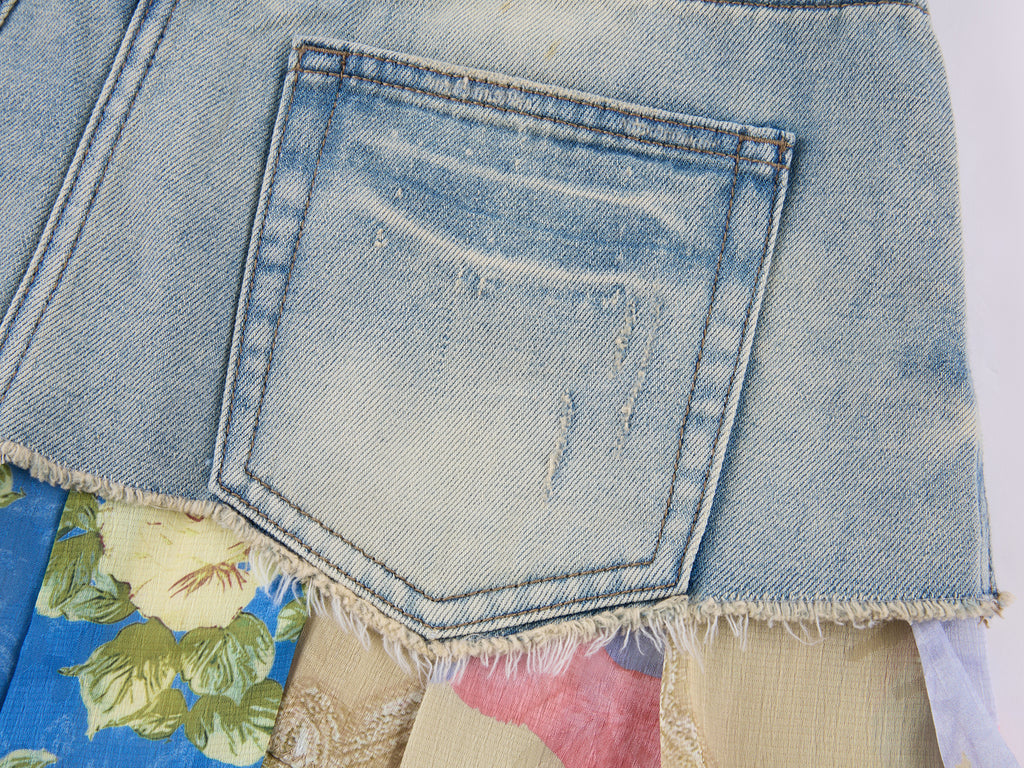 Irregular floral patchwork denim skirt
