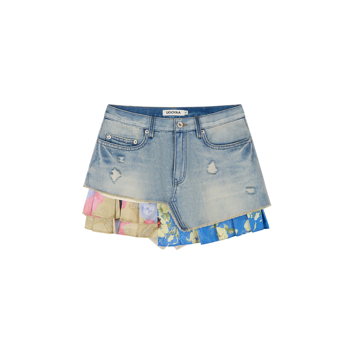 Irregular floral patchwork denim skirt