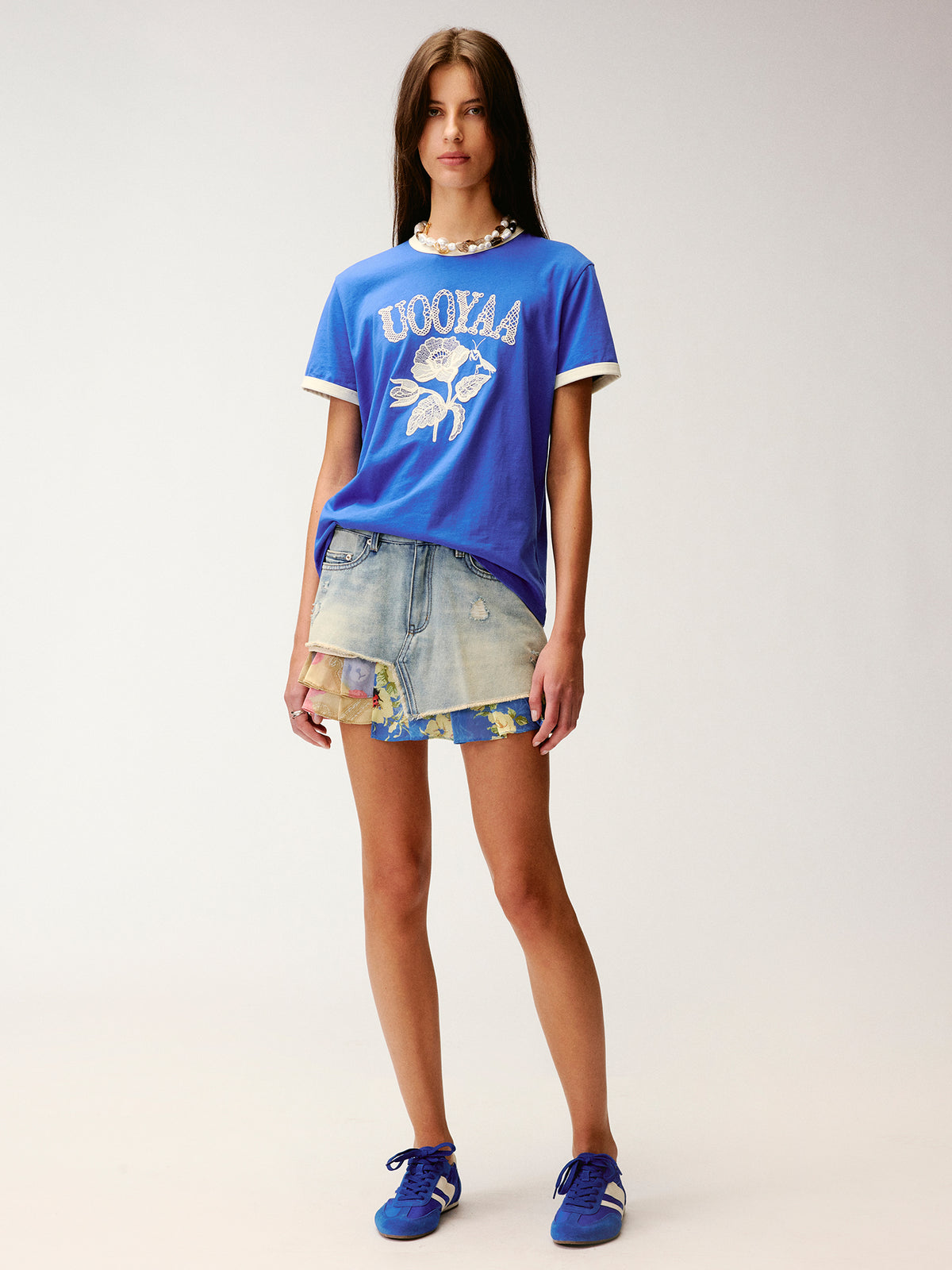 Irregular floral patchwork denim skirt