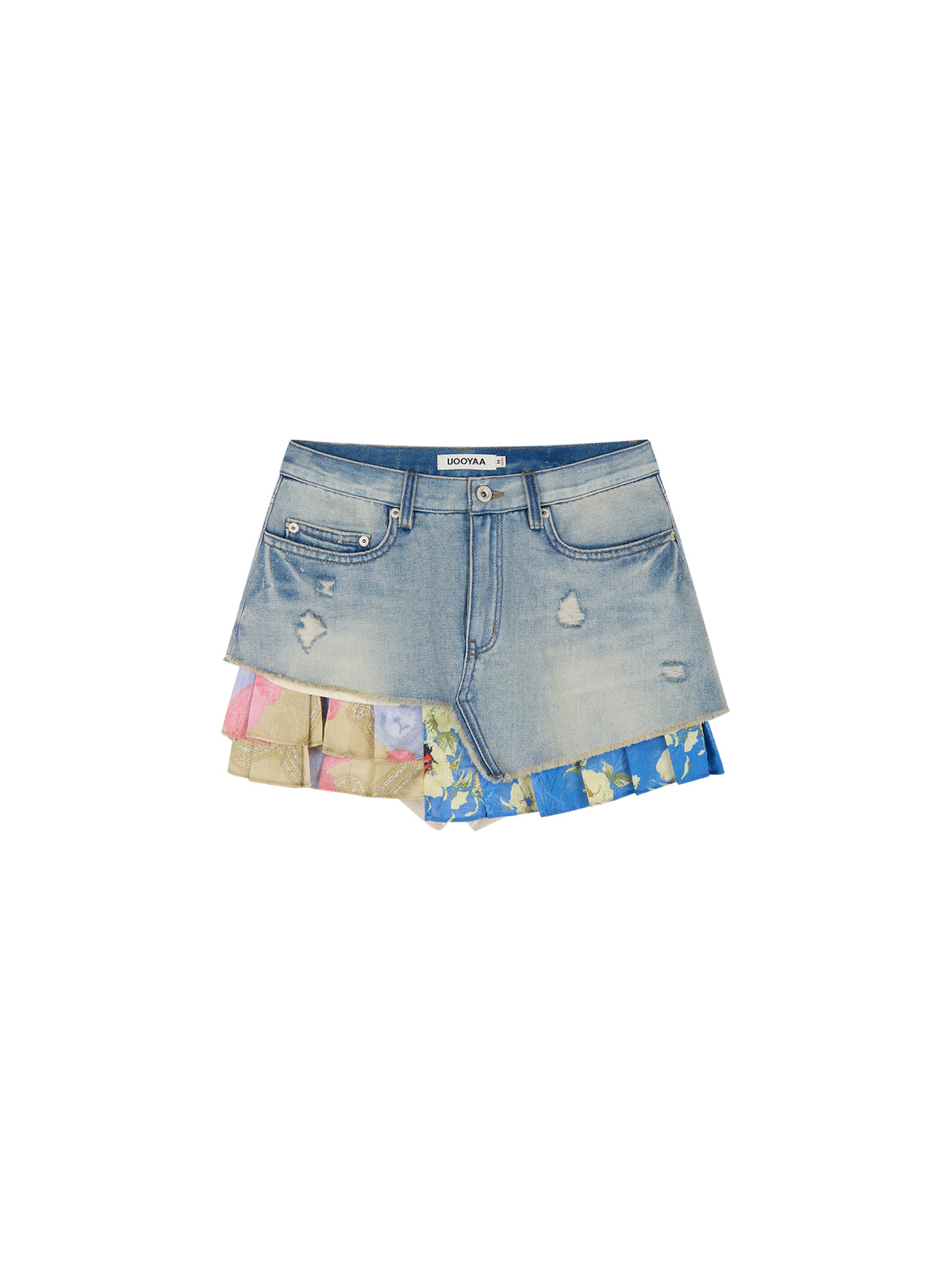 Irregular floral patchwork denim skirt