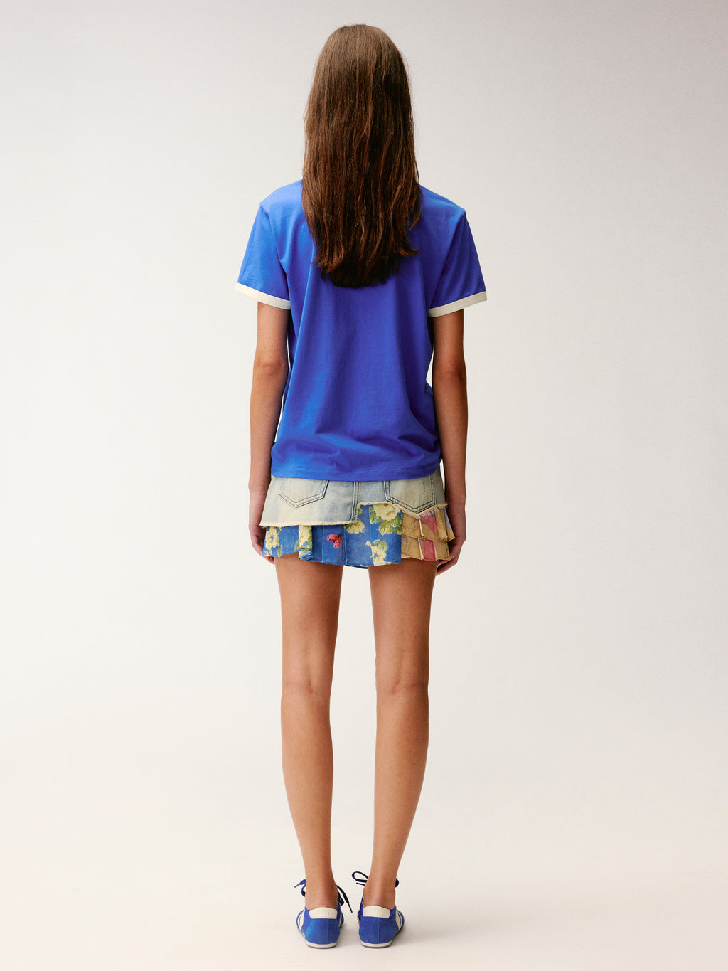 Irregular floral patchwork denim skirt