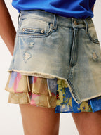 Irregular floral patchwork denim skirt