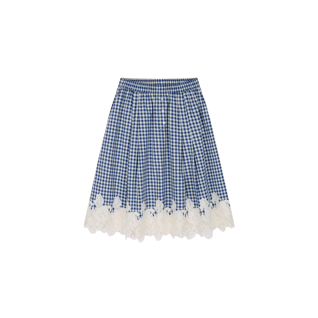 Rocking horse motif lace trims spliced plaid skirt