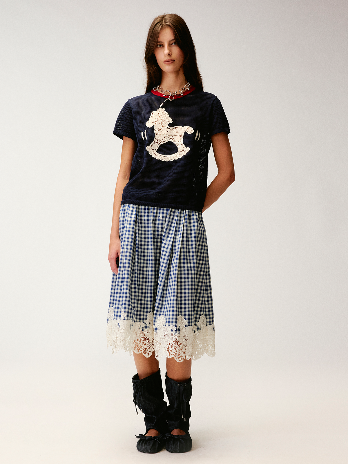 Rocking horse motif lace trims spliced plaid skirt