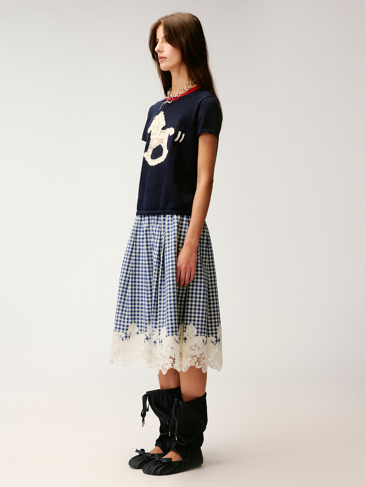 Rocking horse motif lace trims spliced plaid skirt