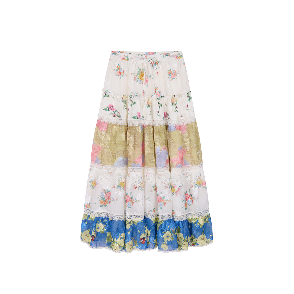 Floral print lace spliced tiered skirt