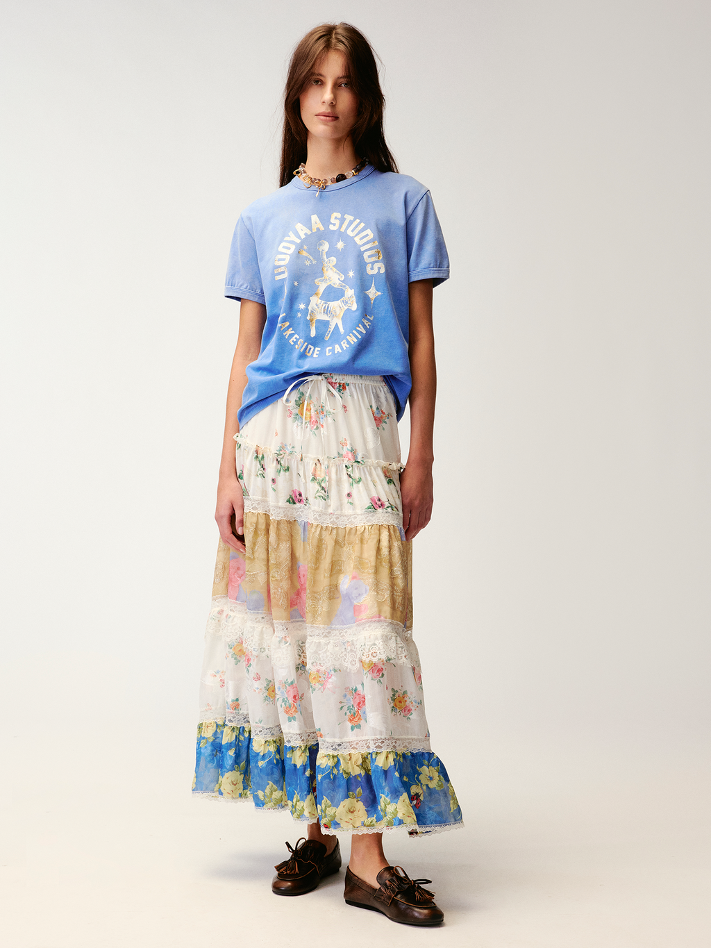 Floral print lace spliced tiered skirt