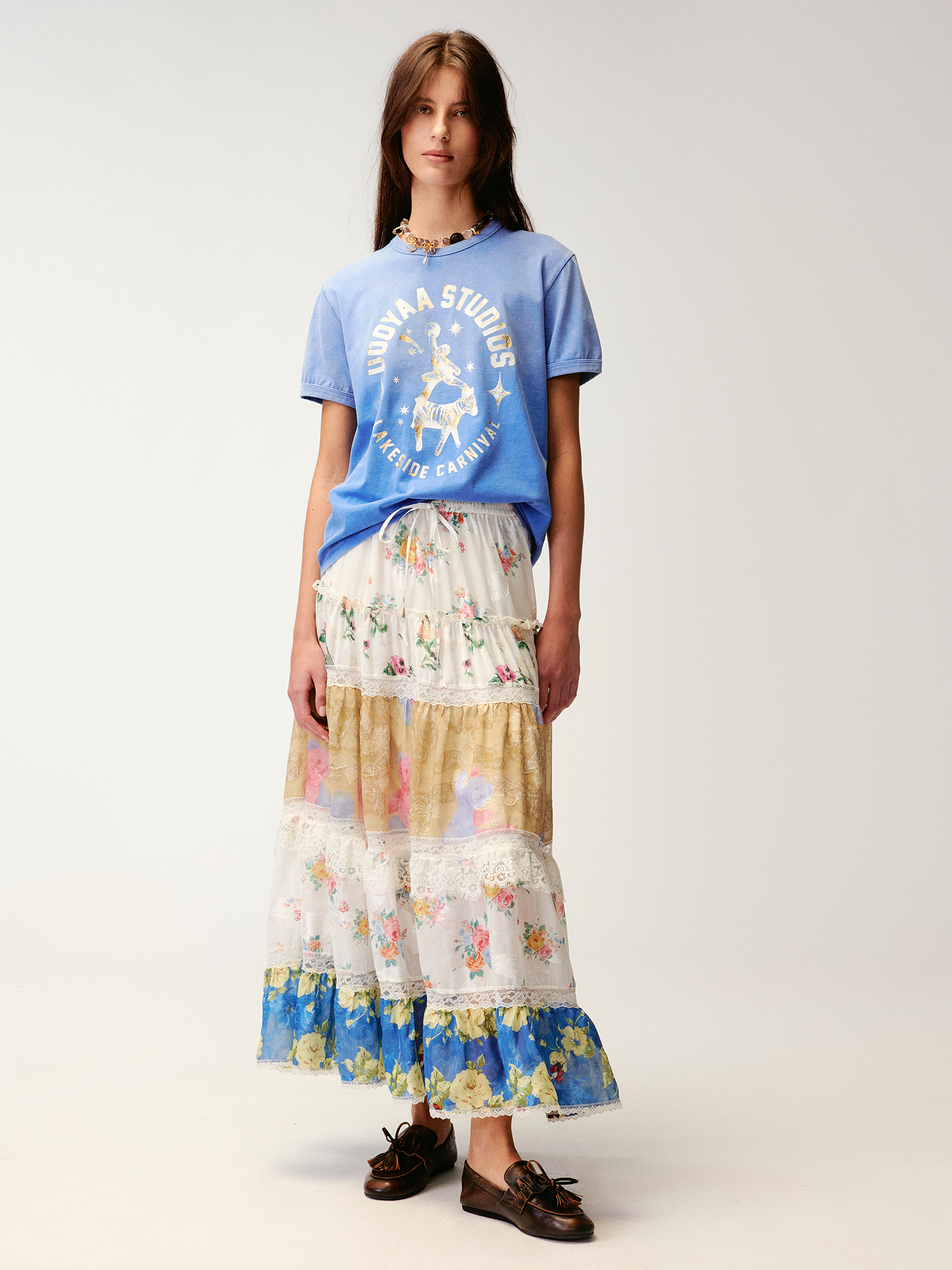 Floral print lace spliced tiered skirt