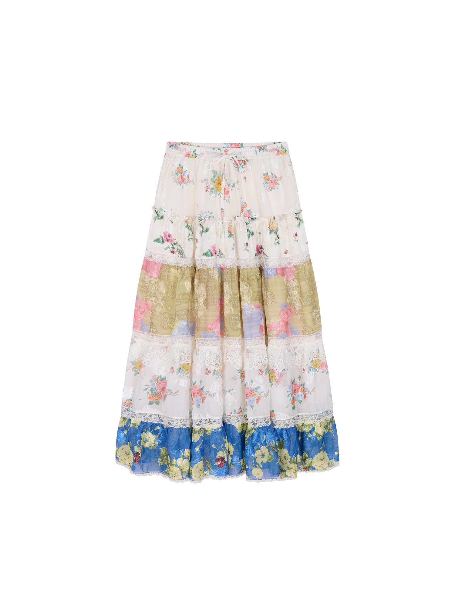 Floral print lace spliced tiered skirt