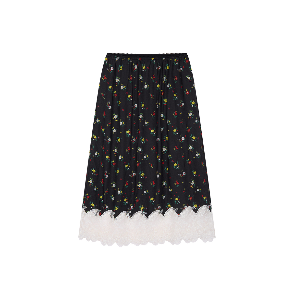 Insect motif lace trims spliced floral skirt
