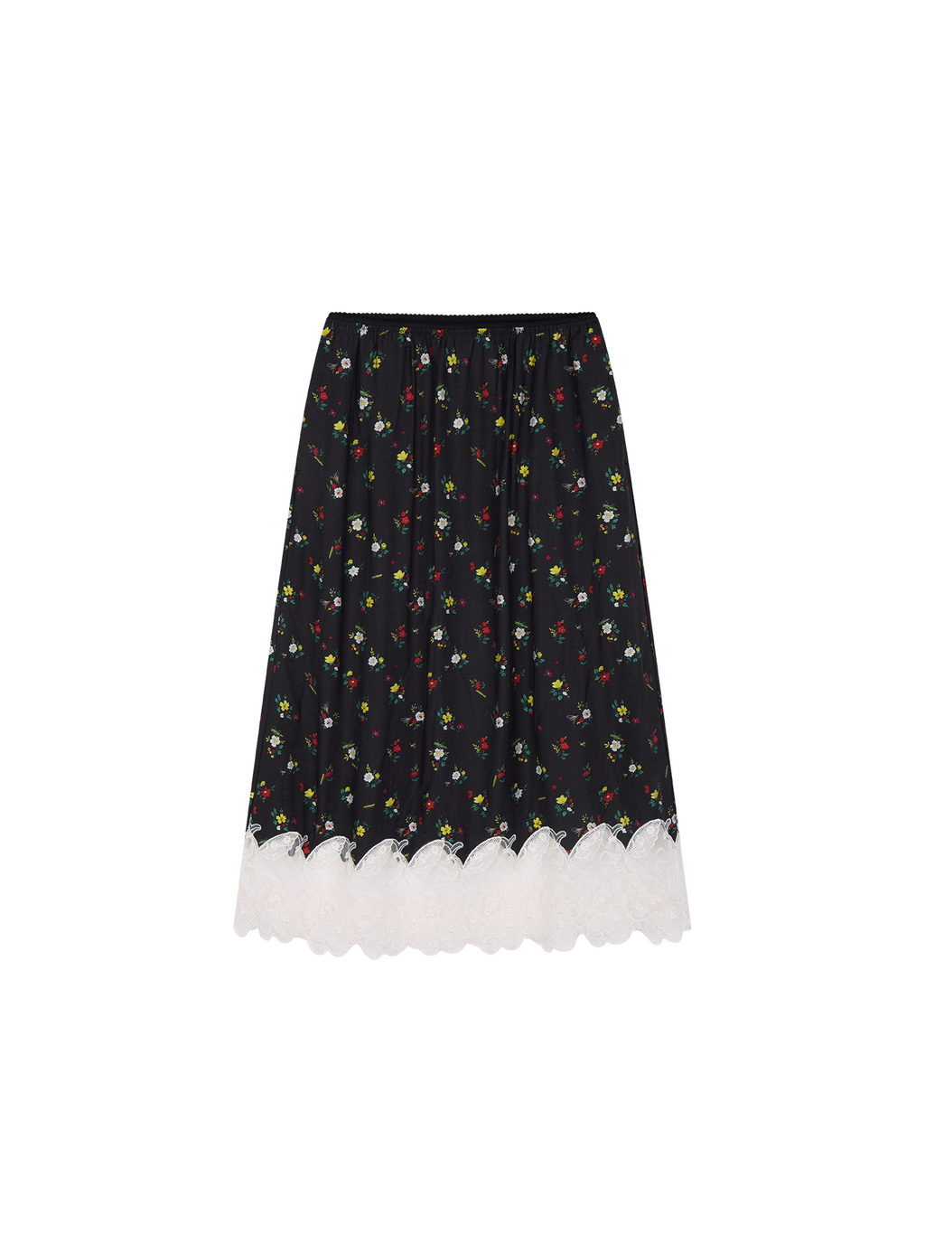 Insect motif lace trims spliced floral skirt