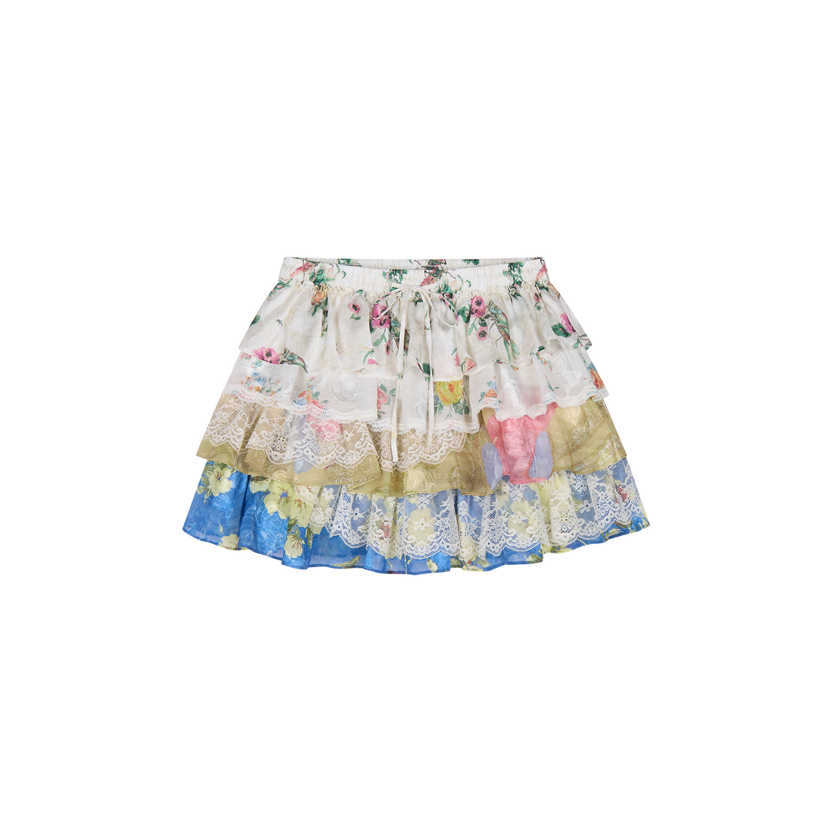 Floral print lace spliced tiered mini skirt