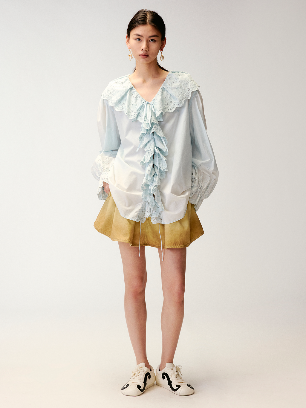 Ruffled collar cutout embroidered shirt