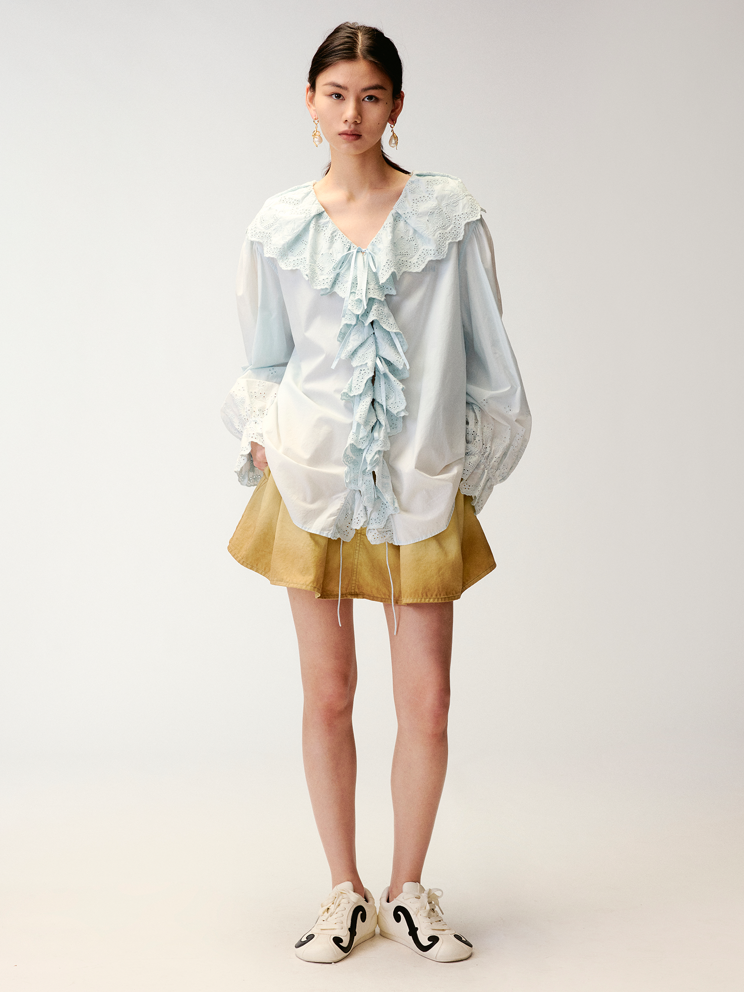 Ruffled collar cutout embroidered shirt