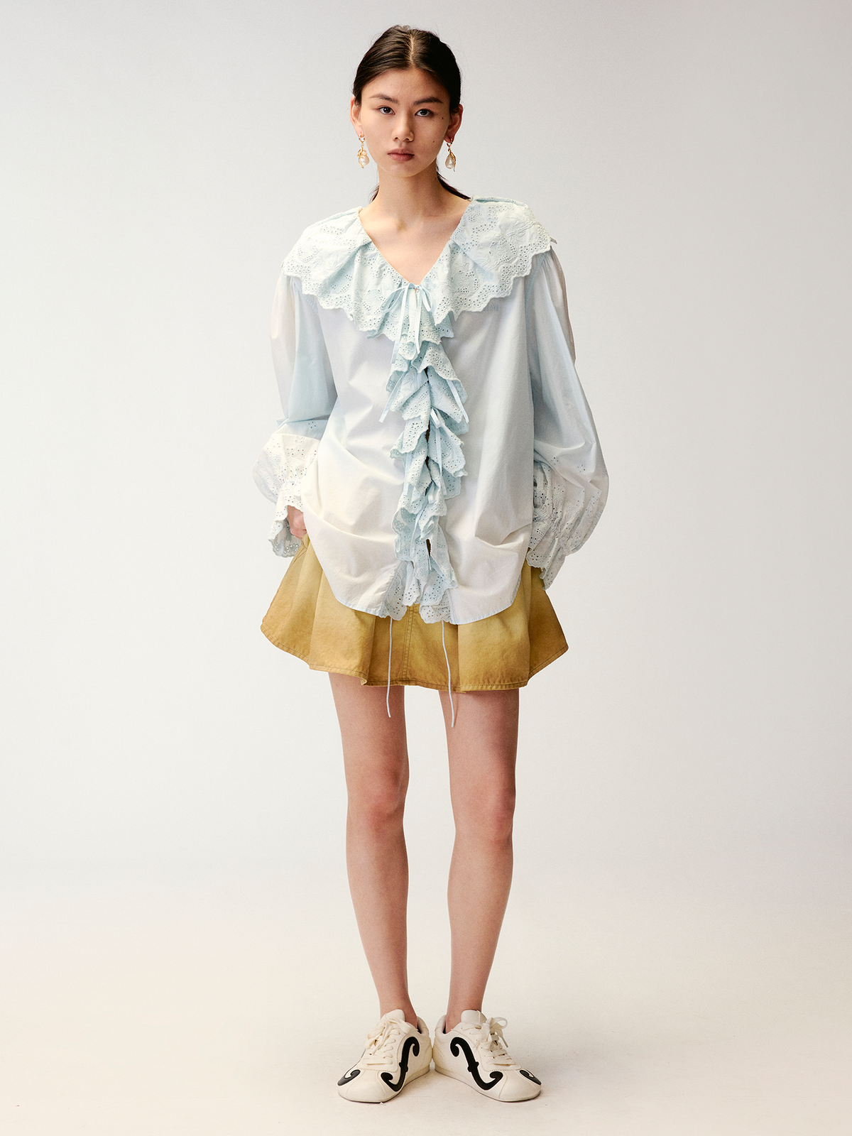 Ruffled collar cutout embroidered shirt