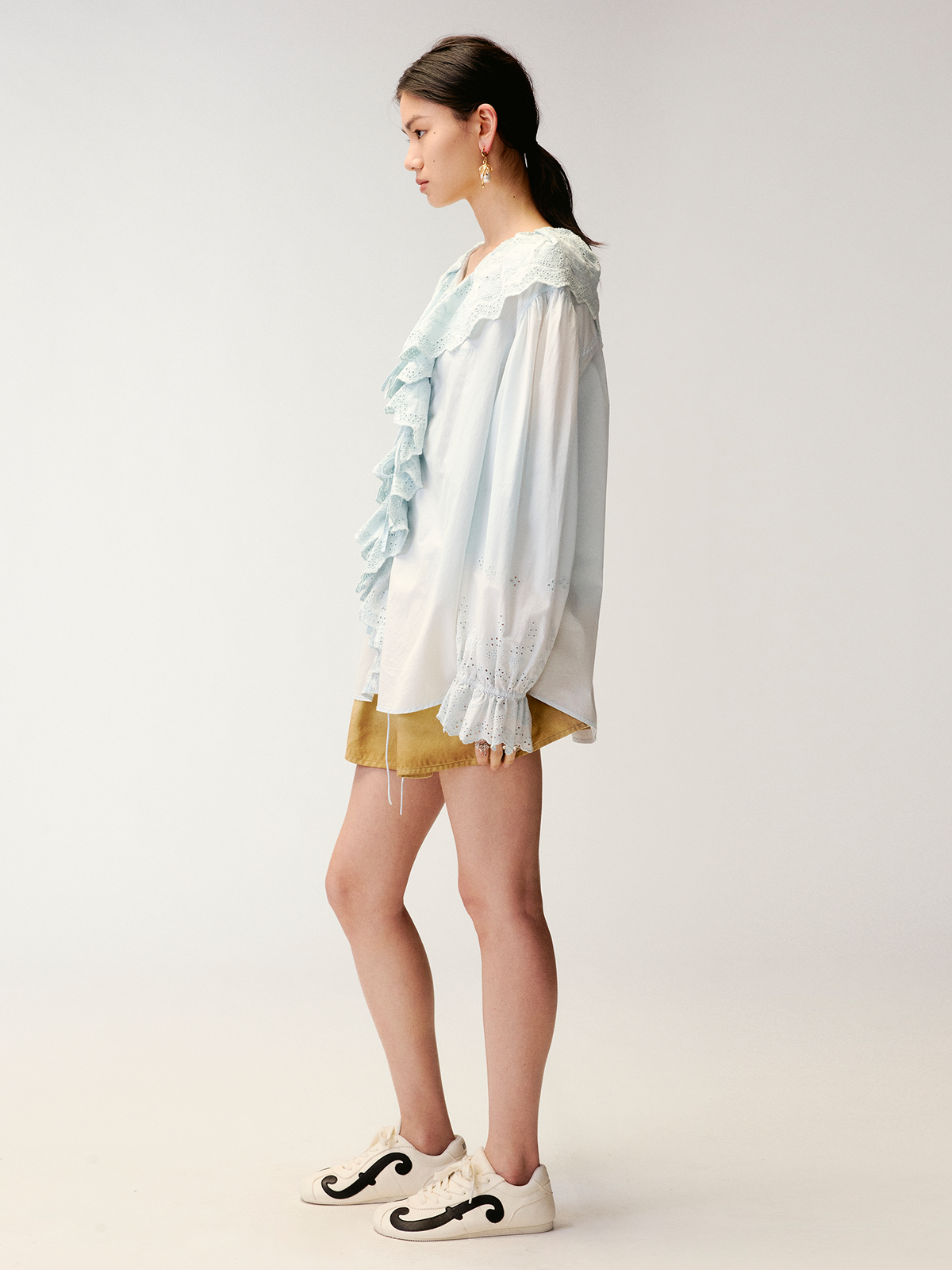 Ruffled collar cutout embroidered shirt