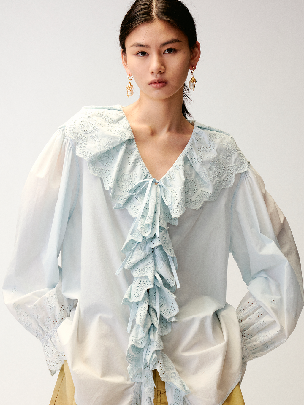 Ruffled collar cutout embroidered shirt
