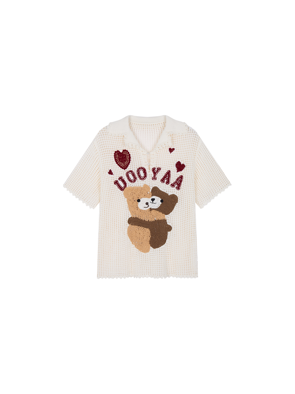 Hand-crocheted cutout teddy bear knit T-shirt