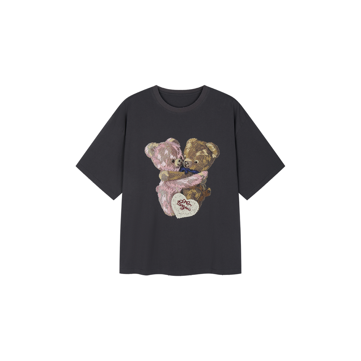 Embroidered teddy bear heart crewneck T-shirt