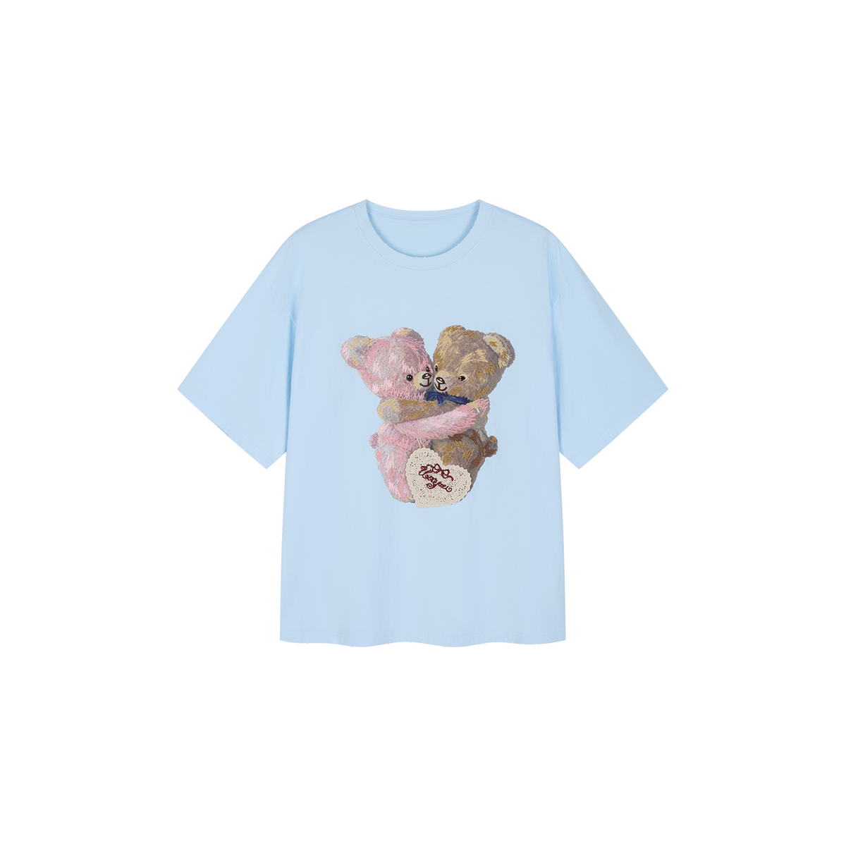 Embroidered teddy bear heart crewneck T-shirt