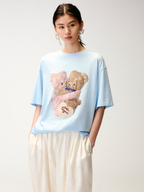 Embroidered teddy bear heart crewneck T-shirt