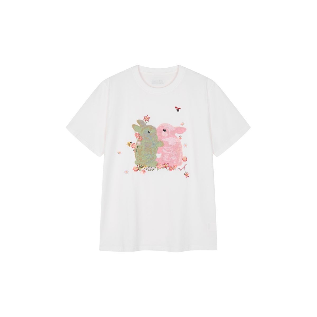 Embroidered hugging rabbit crewneck T-shirt