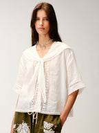 Cutout embroidered sailor collar shirt