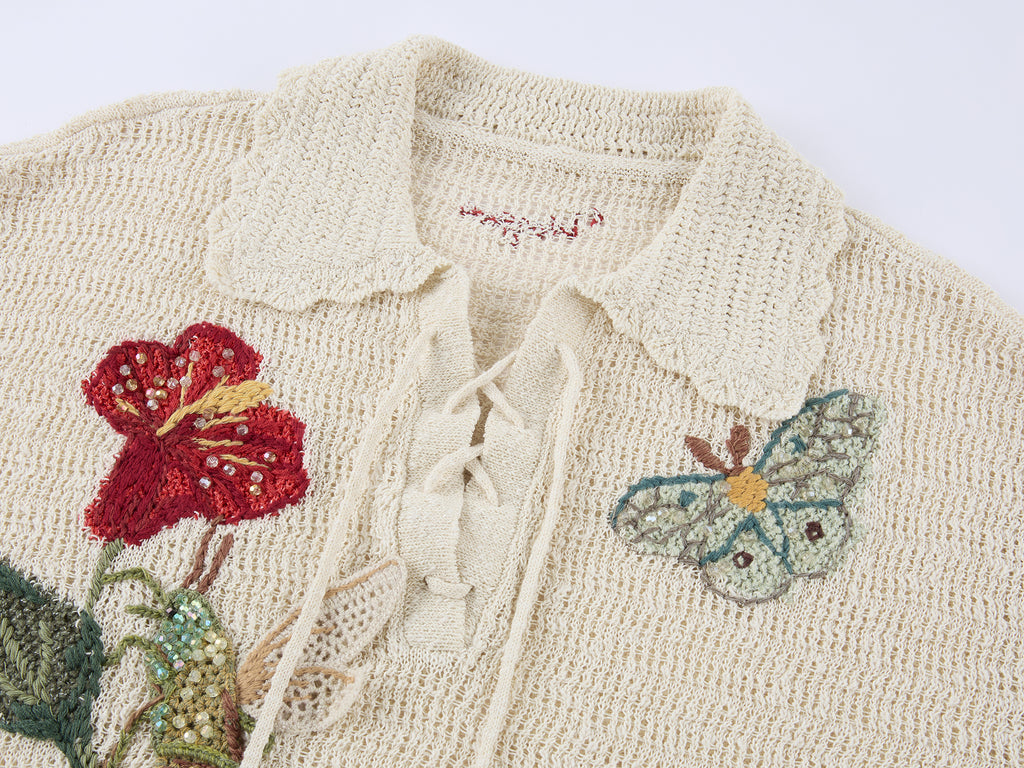 Hand-crocheted insect and floral tie-front polo knit shirt