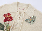 Hand-crocheted insect and floral tie-front polo knit shirt