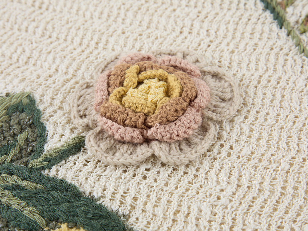 Hand-crocheted insect and floral tie-front polo knit shirt