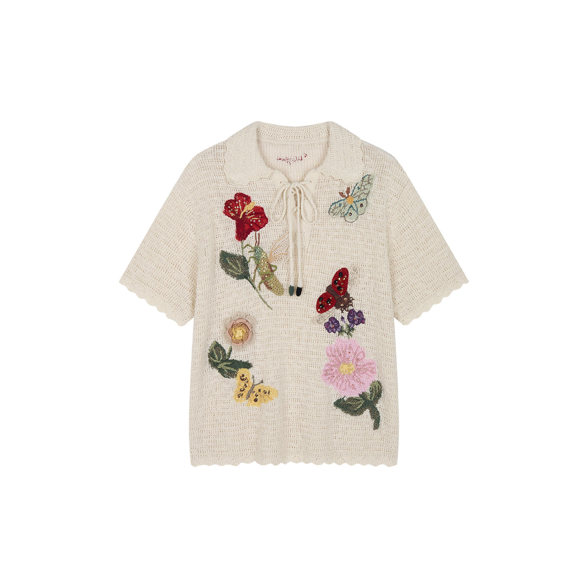 Hand-crocheted insect and floral tie-front polo knit shirt