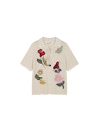 Hand-crocheted insect and floral tie-front polo knit shirt