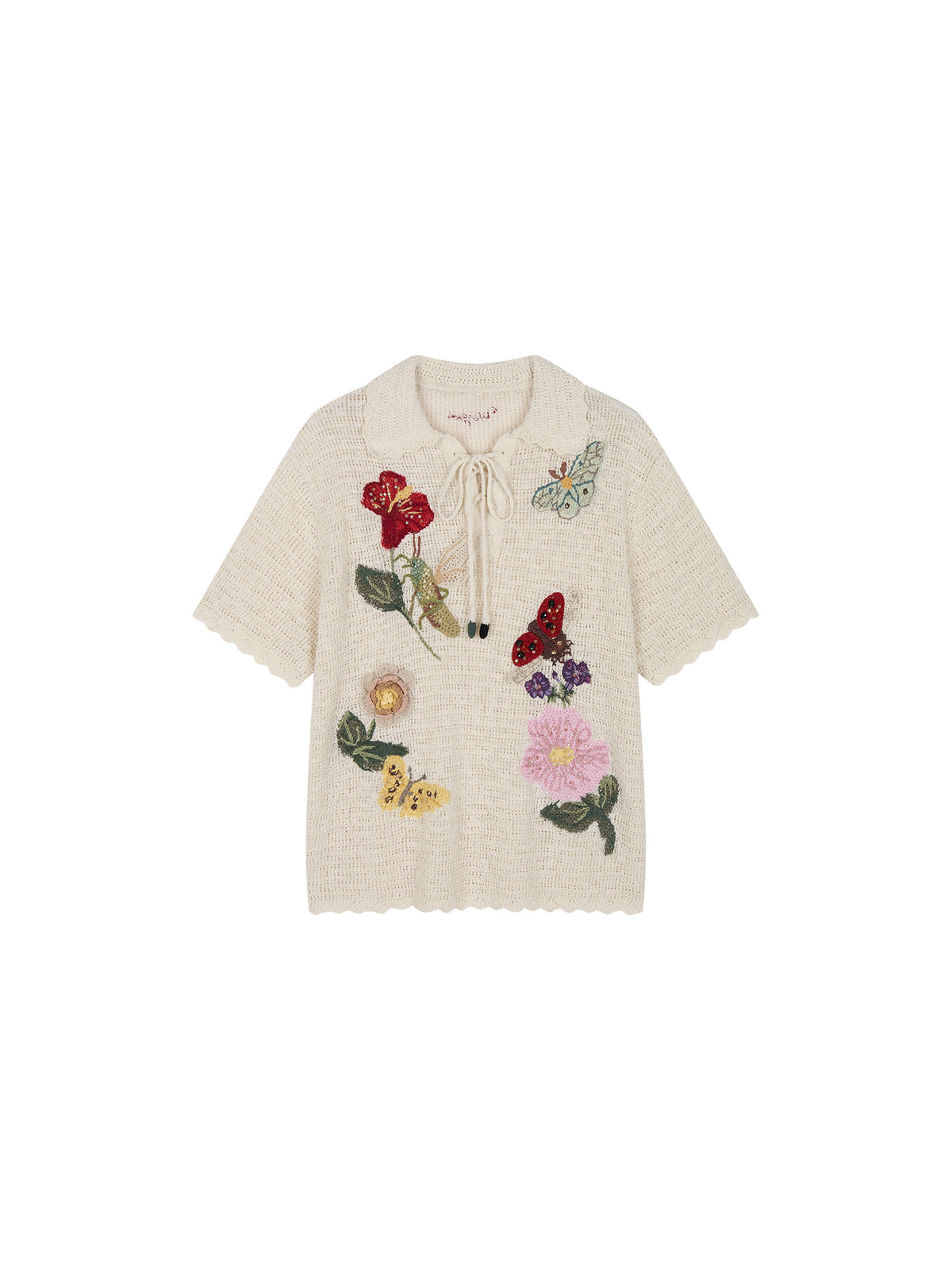 Hand-crocheted insect and floral tie-front polo knit shirt