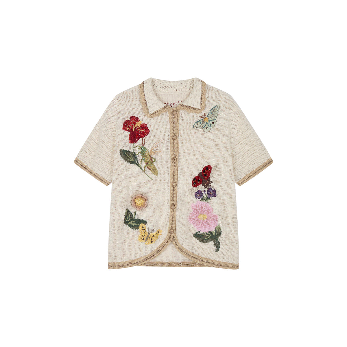 Hand-crocheted insect and floral cardigan