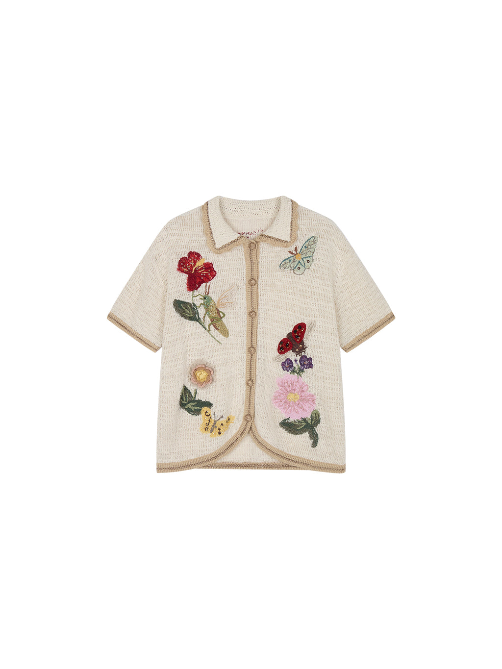 Hand-crocheted insect and floral cardigan