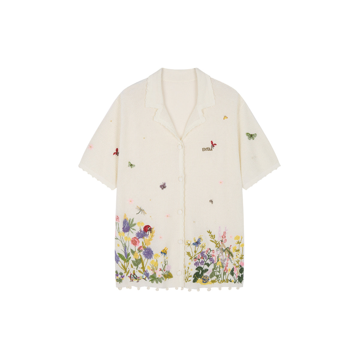 Hand-embroidered insect and floral cuban collar cardigan