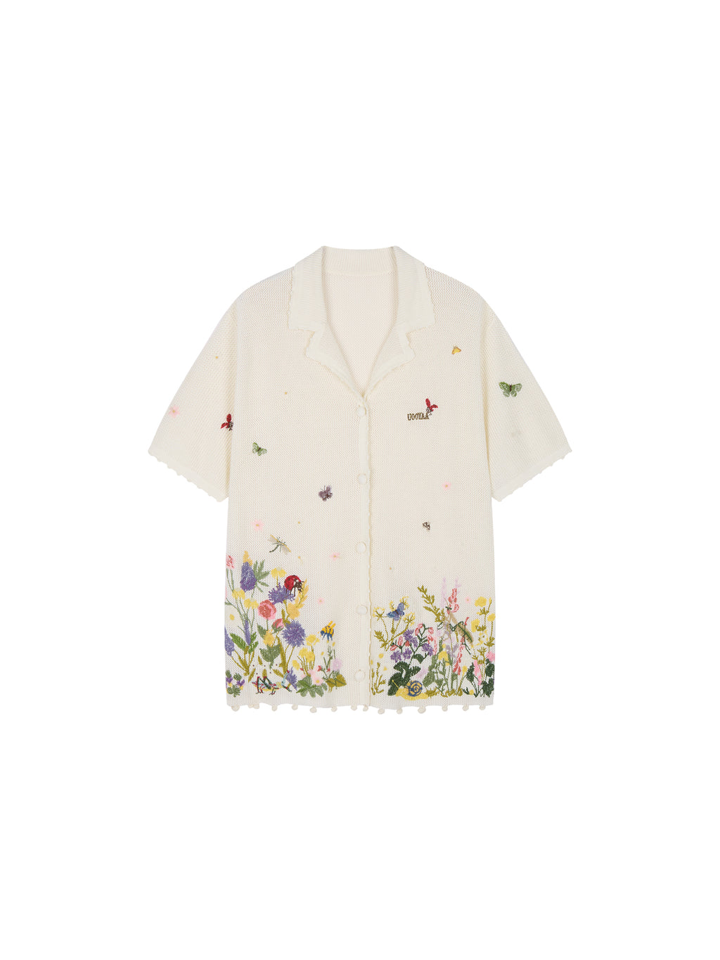 Hand-embroidered insect and floral cuban collar cardigan