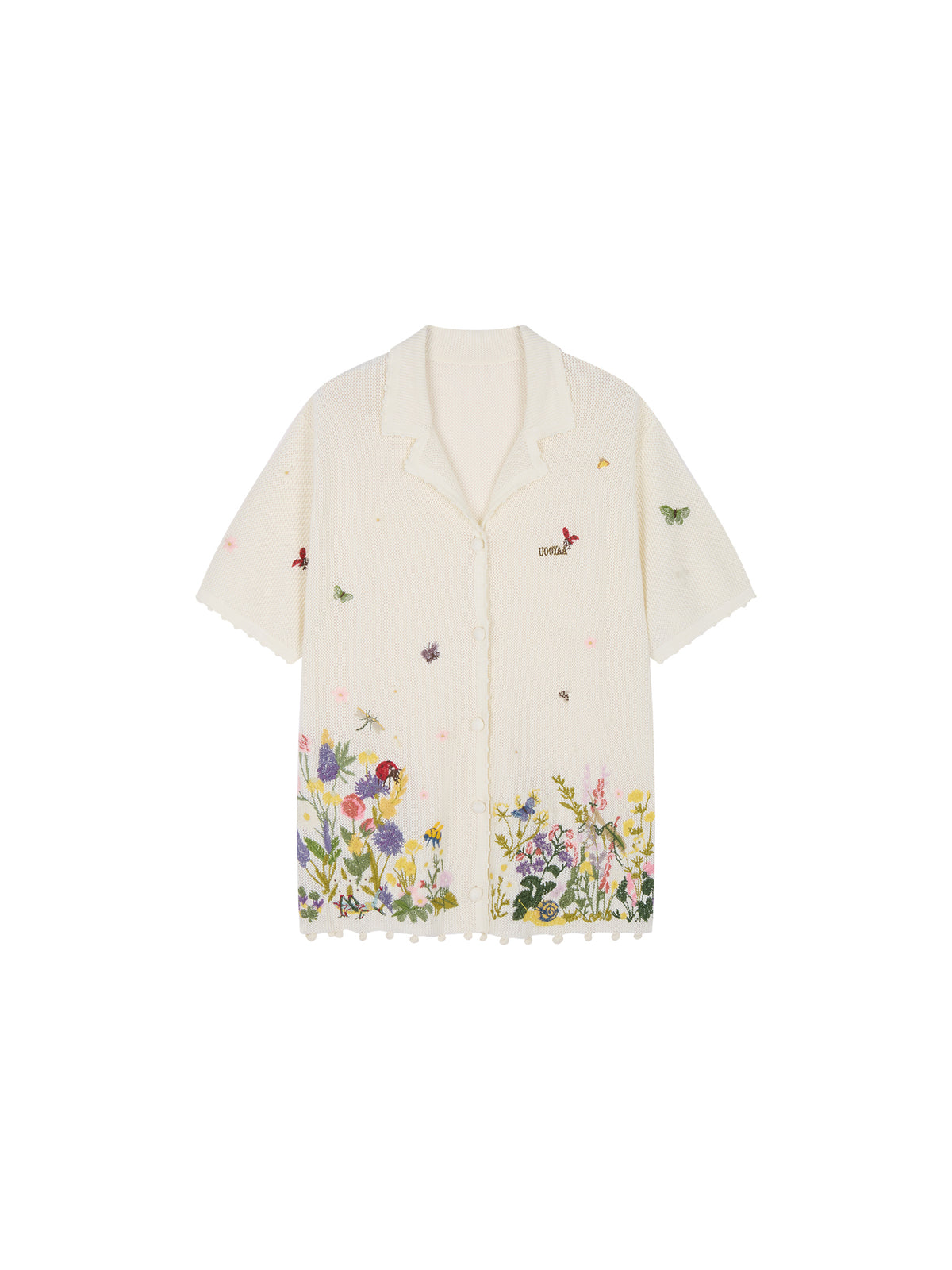 Hand-embroidered insect and floral cuban collar cardigan