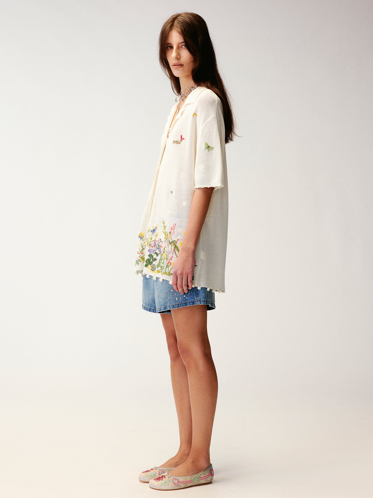 Hand-embroidered insect and floral cuban collar cardigan