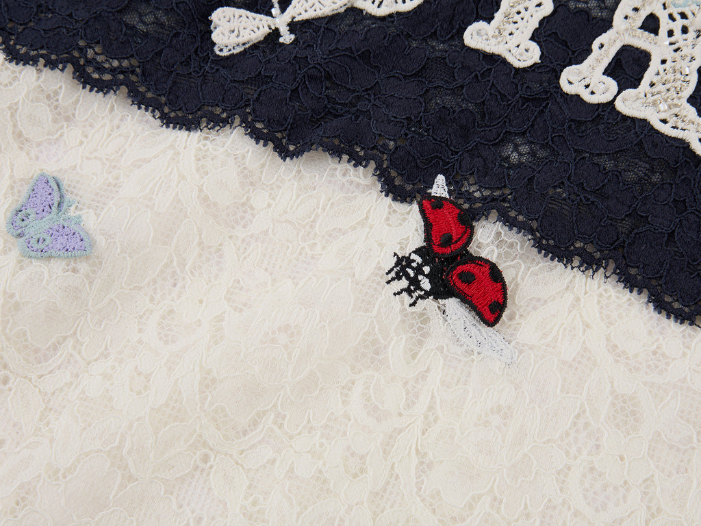 Polo collar lace cutout embroidered patchwork T-shirt