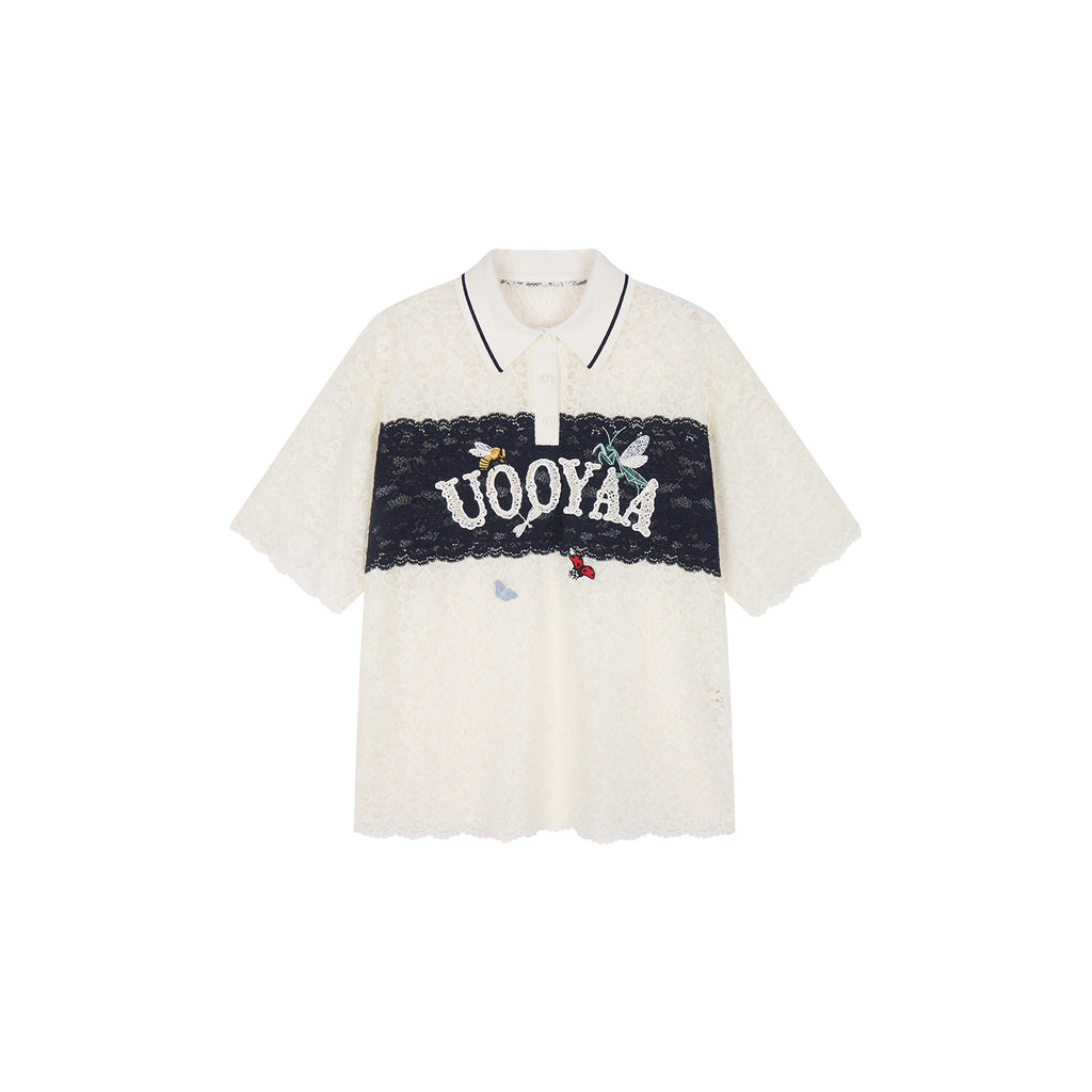 Polo collar lace cutout embroidered patchwork T-shirt