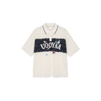 Polo collar lace cutout embroidered patchwork T-shirt