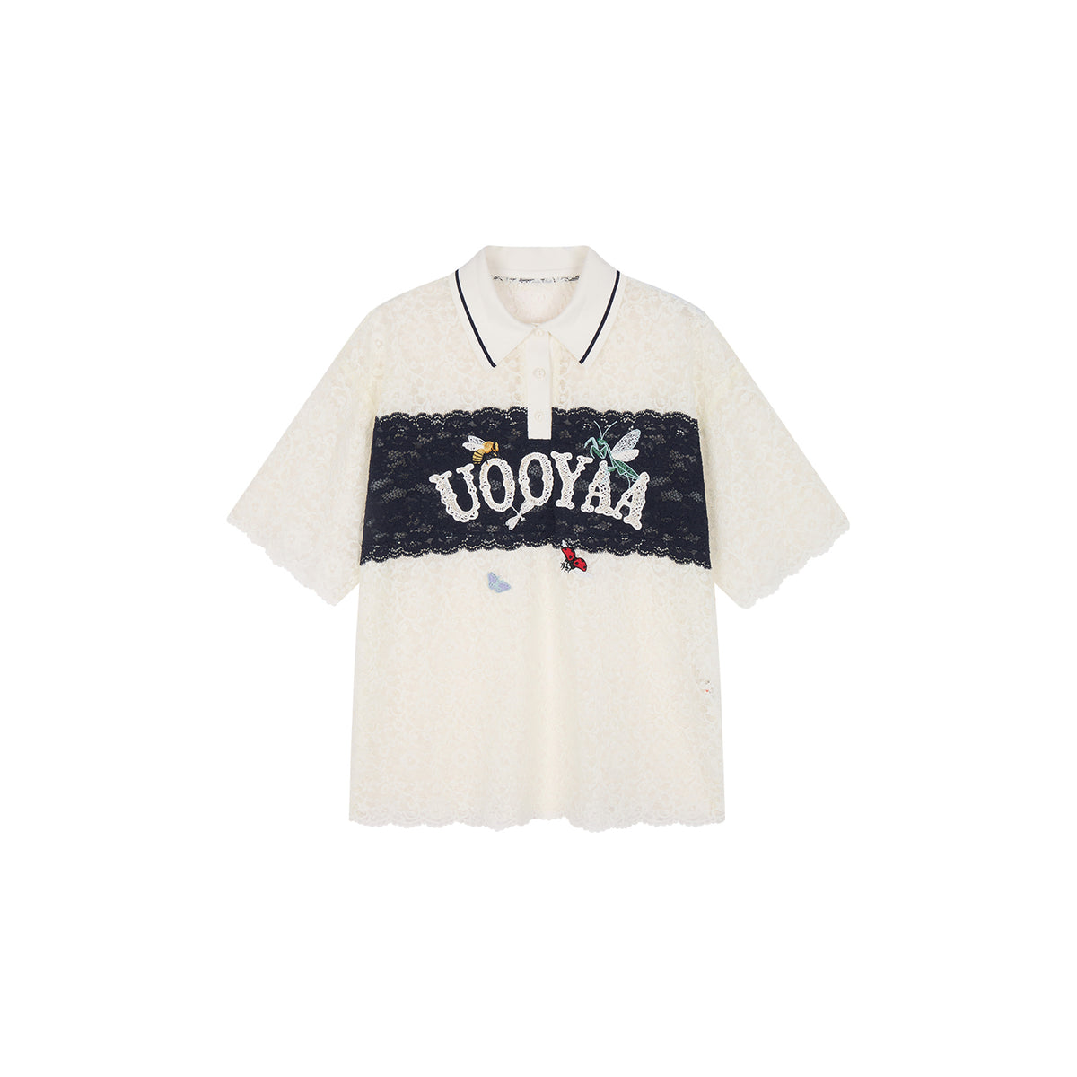 Polo collar lace cutout embroidered patchwork T-shirt