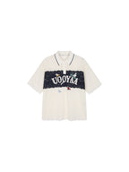 Polo collar lace cutout embroidered patchwork T-shirt