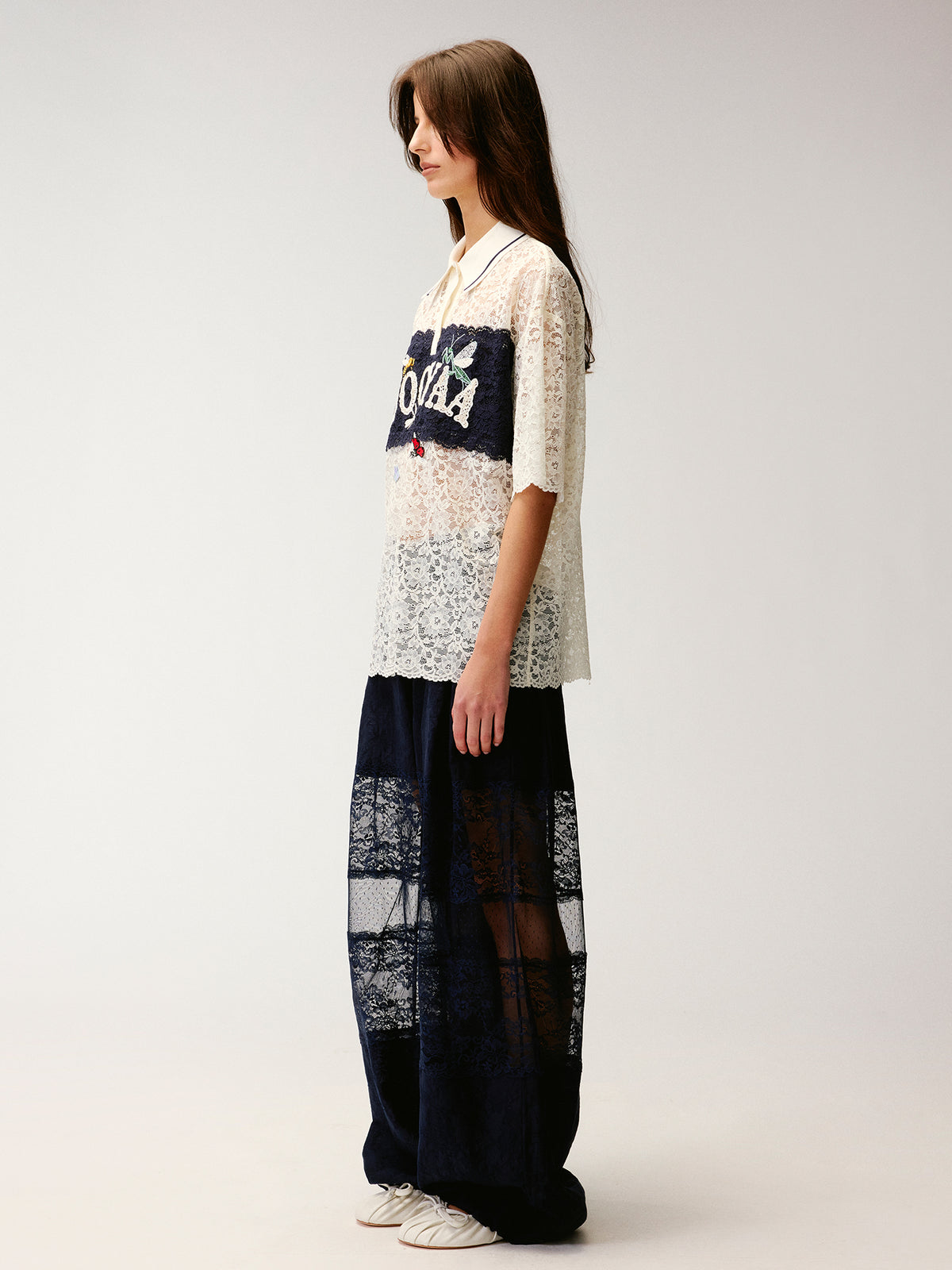 Polo collar lace cutout embroidered patchwork T-shirt